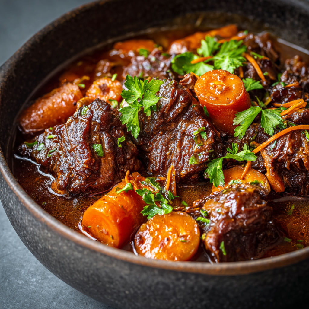 Une marmite de bouillon, carottes et morceaux de viandes.