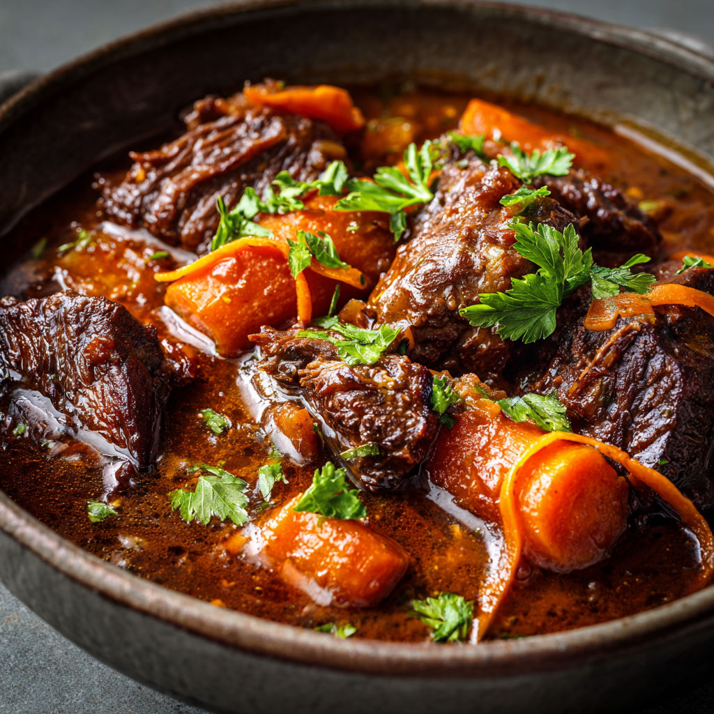Une grande casserole pleine de viande, de carottes et d’herbes, servie dans un bol en terre.