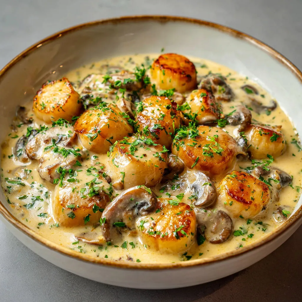 Pétoncles ultra tendres, sauce crémeuse et champignons bien dorés.