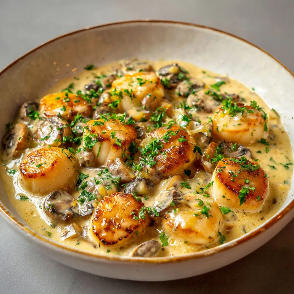 Pétoncles saisies, sauce onctueuse, champignons et échalotes dorés.