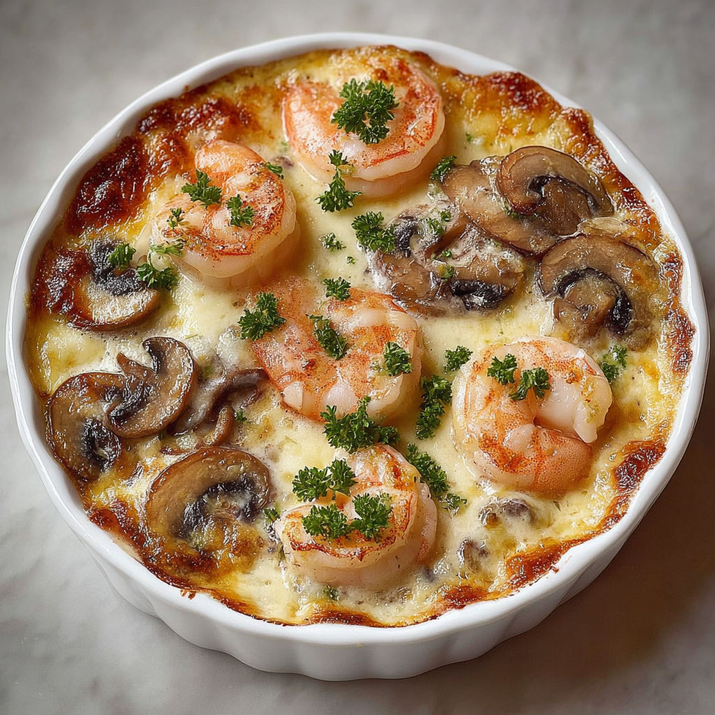 Plat gratiné avec crevettes, champignons et herbes fraîches.