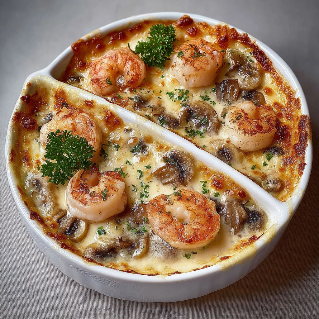 Gratin bien crémeux aux crevettes avec champignons et sauce toute douce.