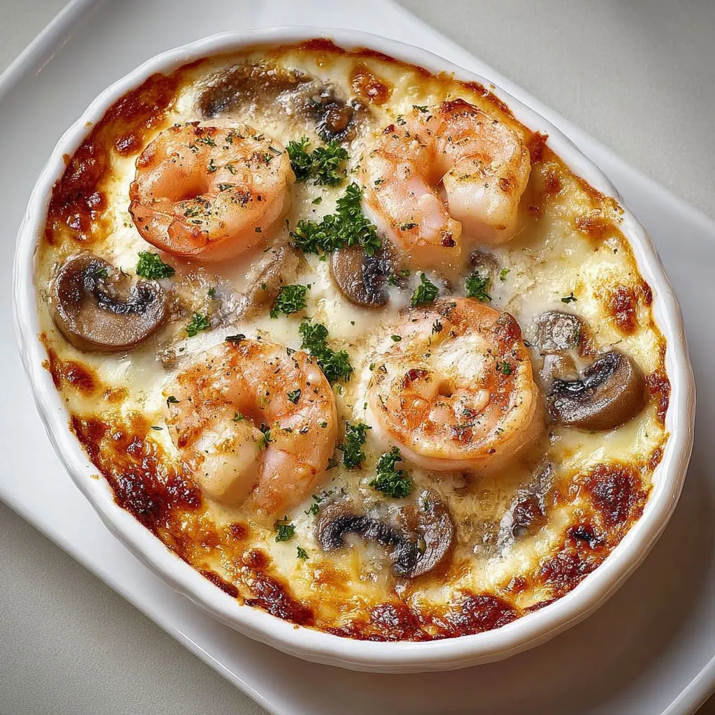 Plat crémeux de crevettes et champignons, tout gratiné.