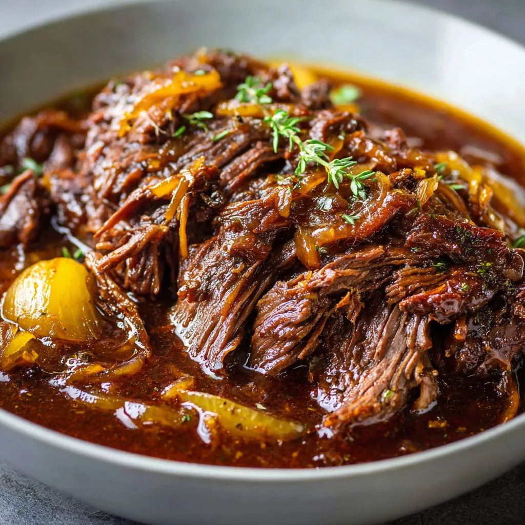 Un bœuf effiloché super tendre avec oignons fondus et jus savoureux.