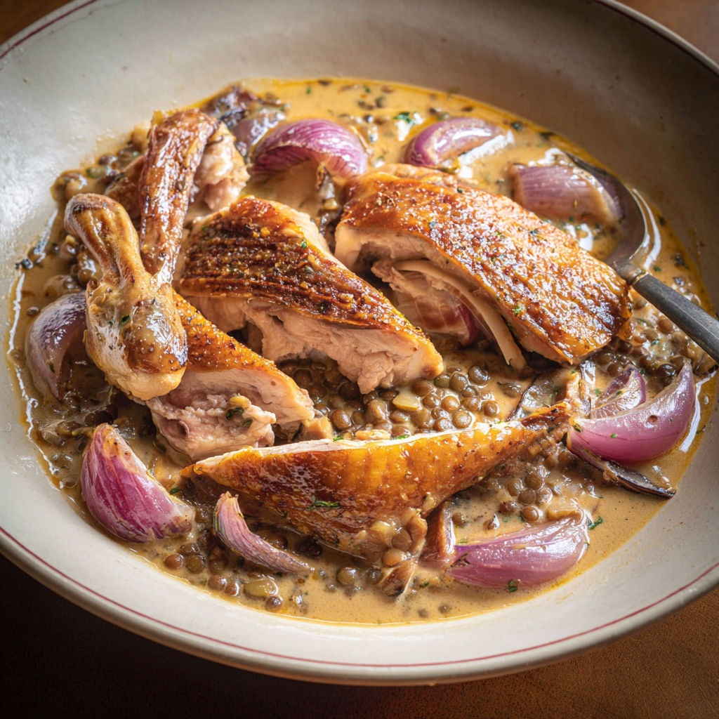 Une pintade à l'Auvergnate servie avec ses lentilles et un vin blanc délicat.