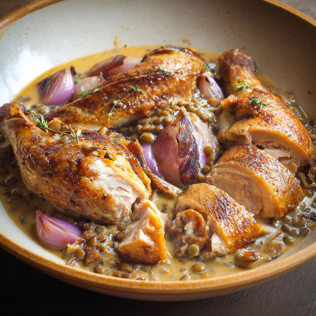 Pintade à l’auvergnate servie dans un bol en céramique.