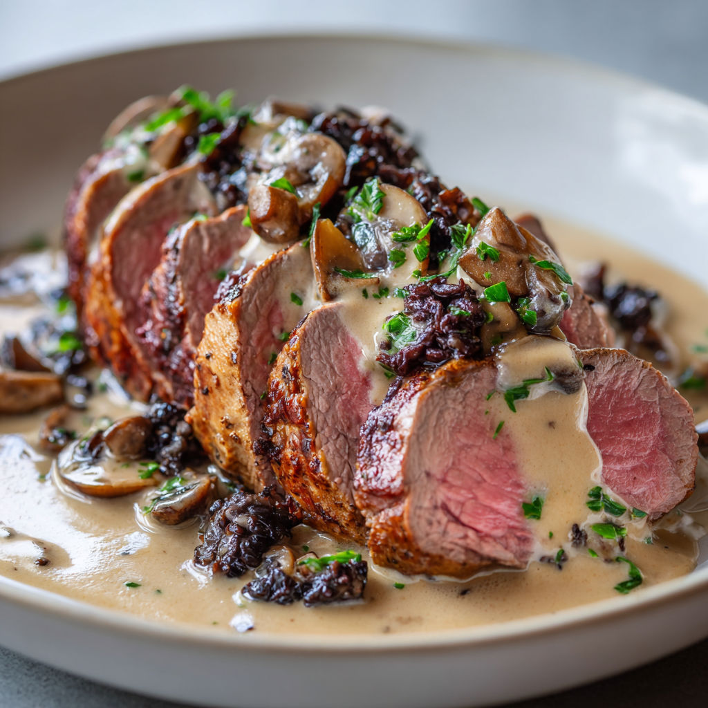 Un filet de boeuf nappé d'une sauce trompettes est magnifiquement présenté sur un plat.