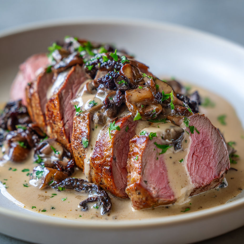 Filet de bœuf tendre arrosé d'une sauce crémeuse aux champignons noirs.