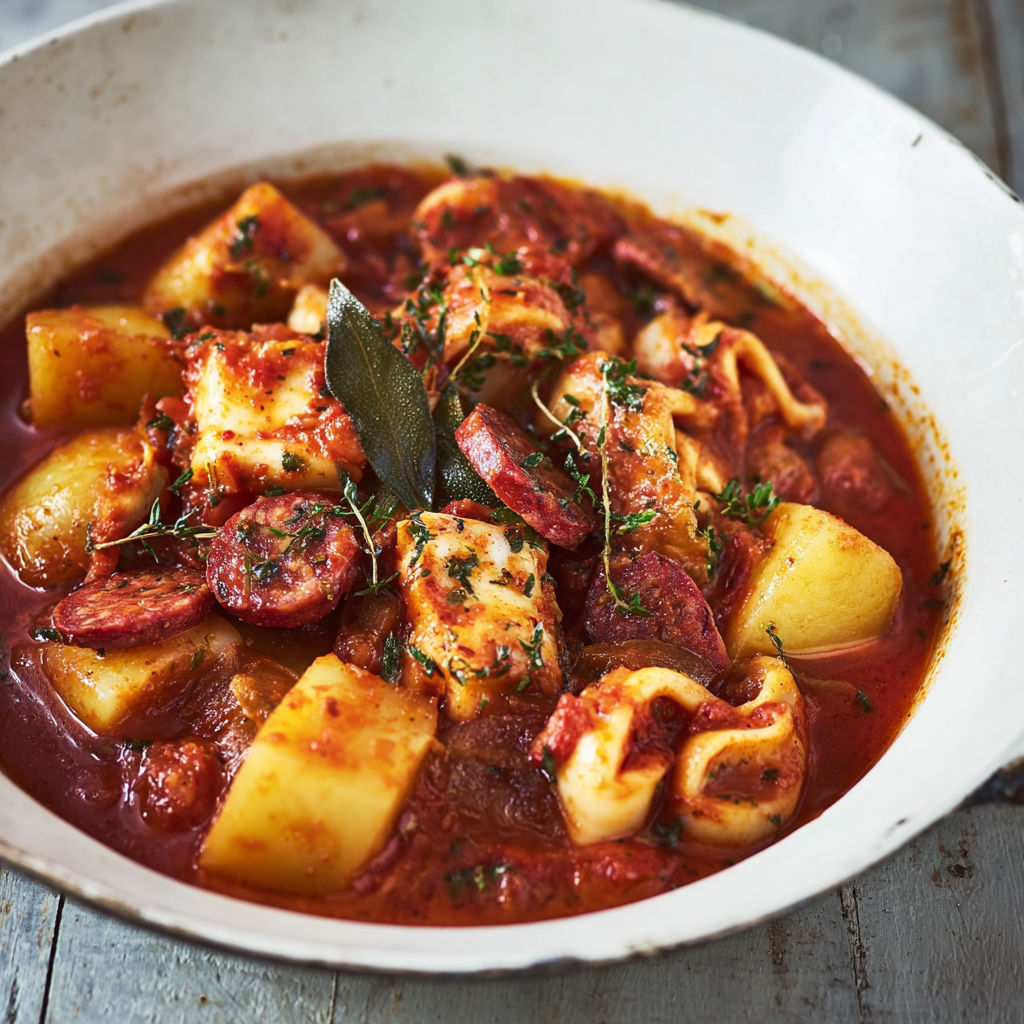 Calamars cuits au chorizo servis dans un plat blanc.