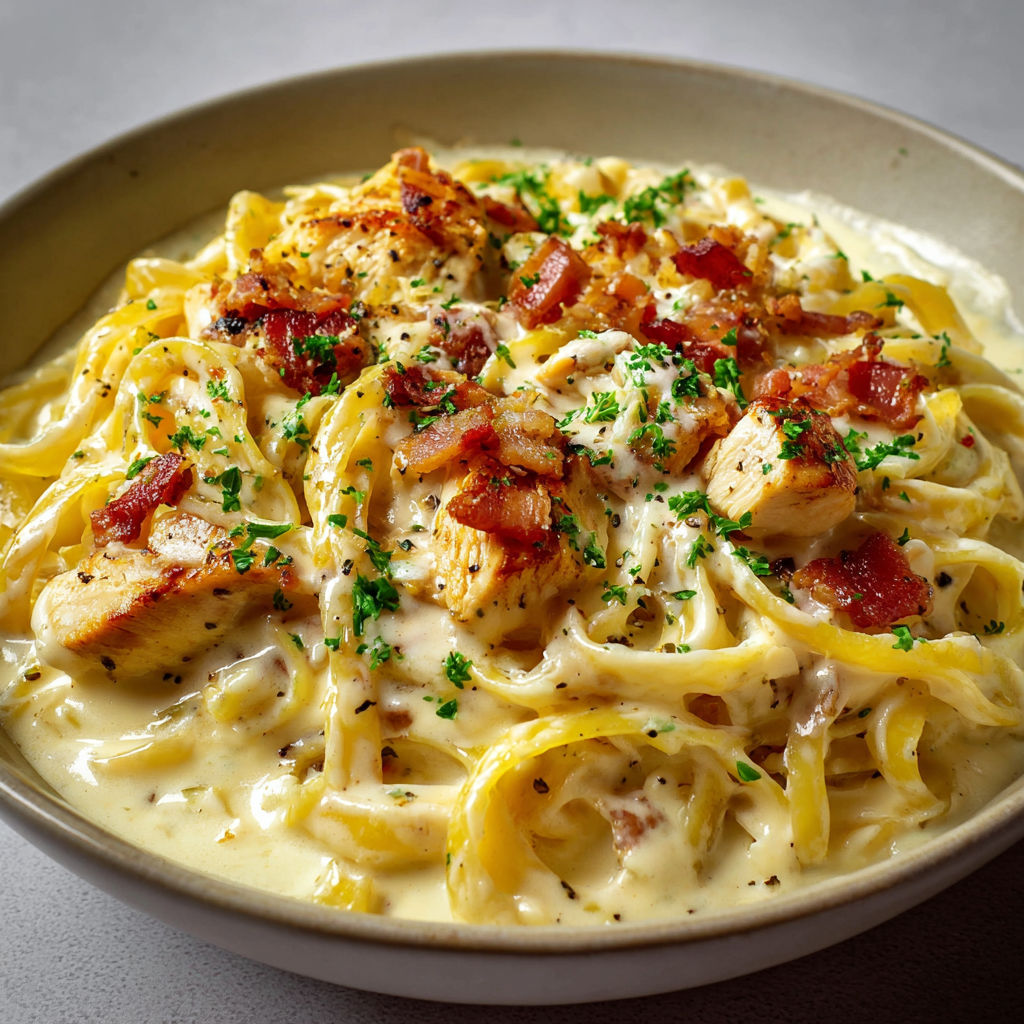 Une assiette généreuse de Pâtes Crémeuses au Poulet façon Italie, servie dans un bol.