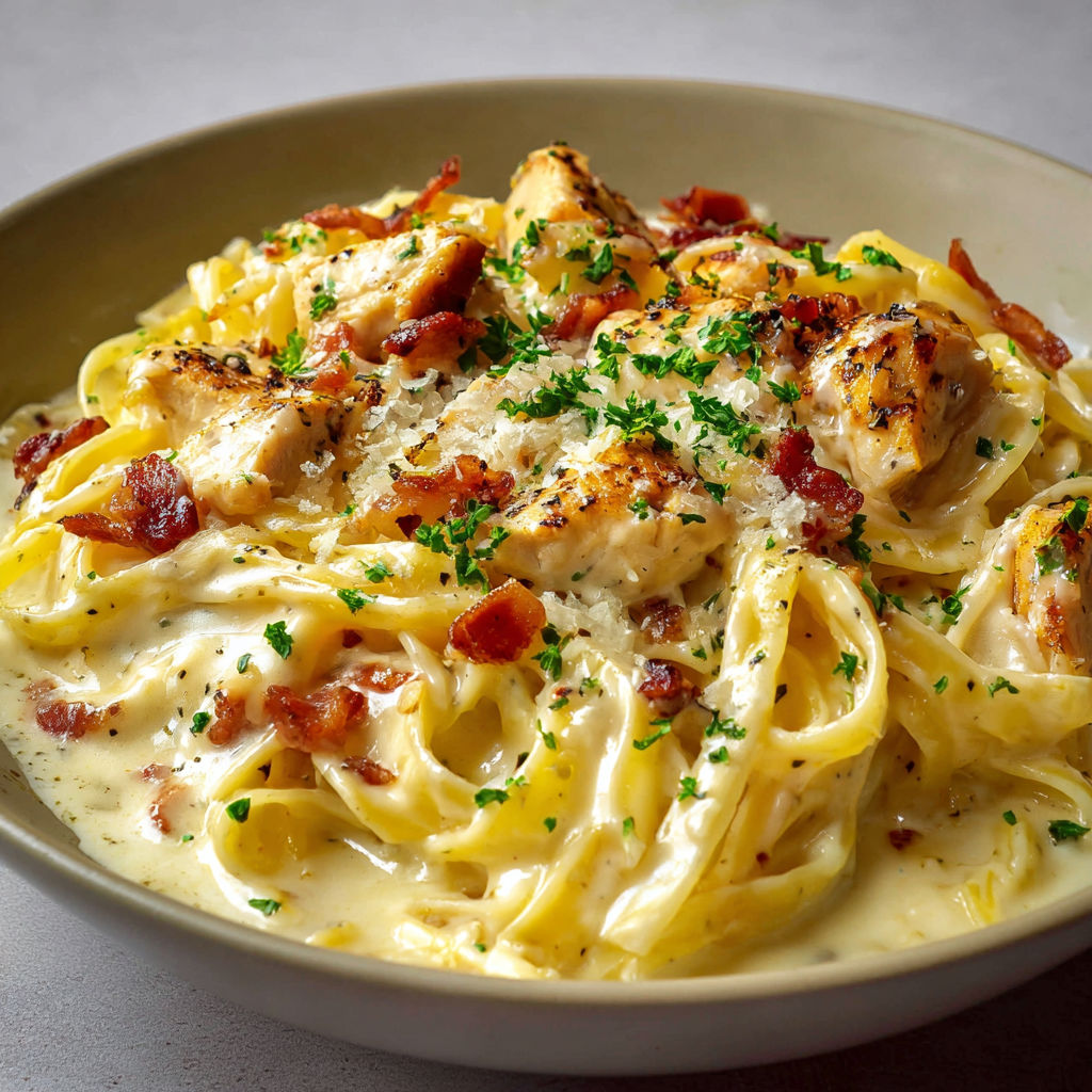 Tagliatelles généreuses avec poulet et sauce crémeuse,, esprit cuisine italienne.