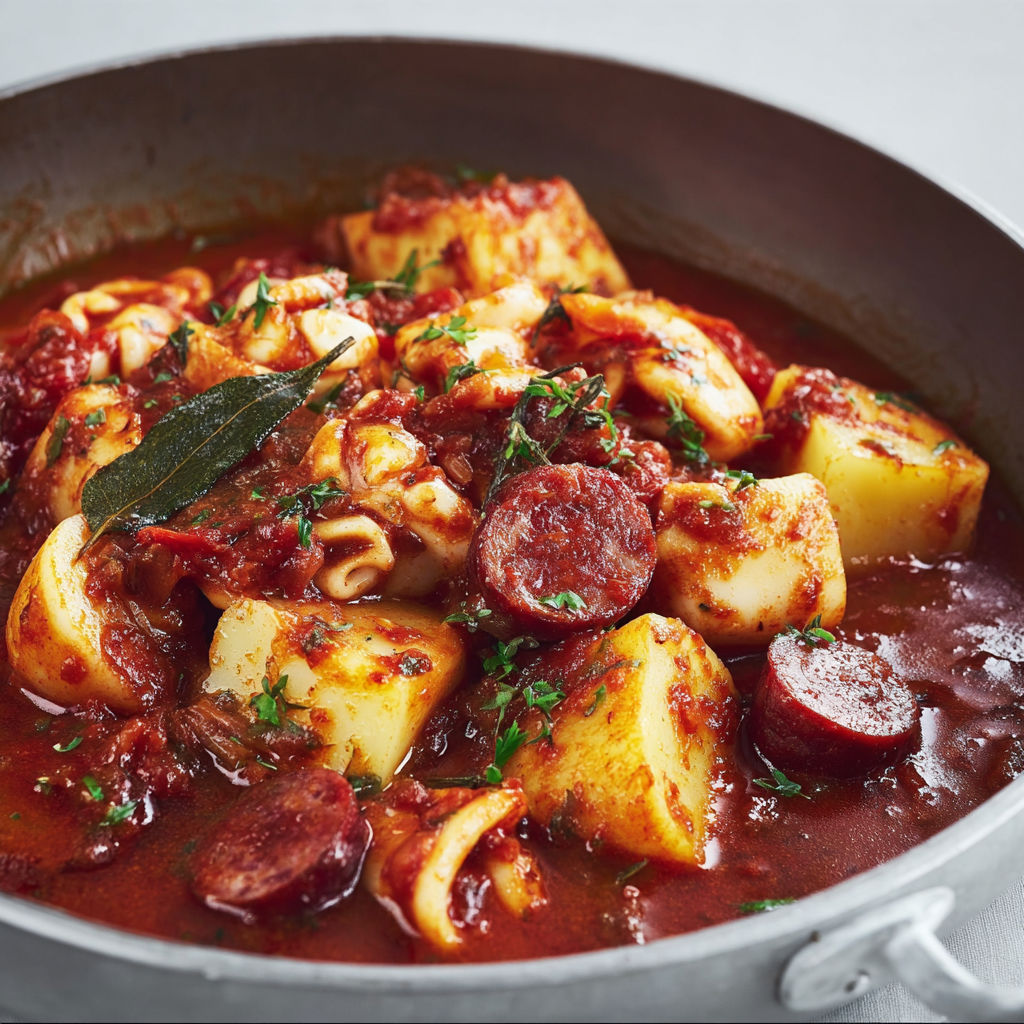 Calamars mijotés fondants avec chorizo et pommes de terre.