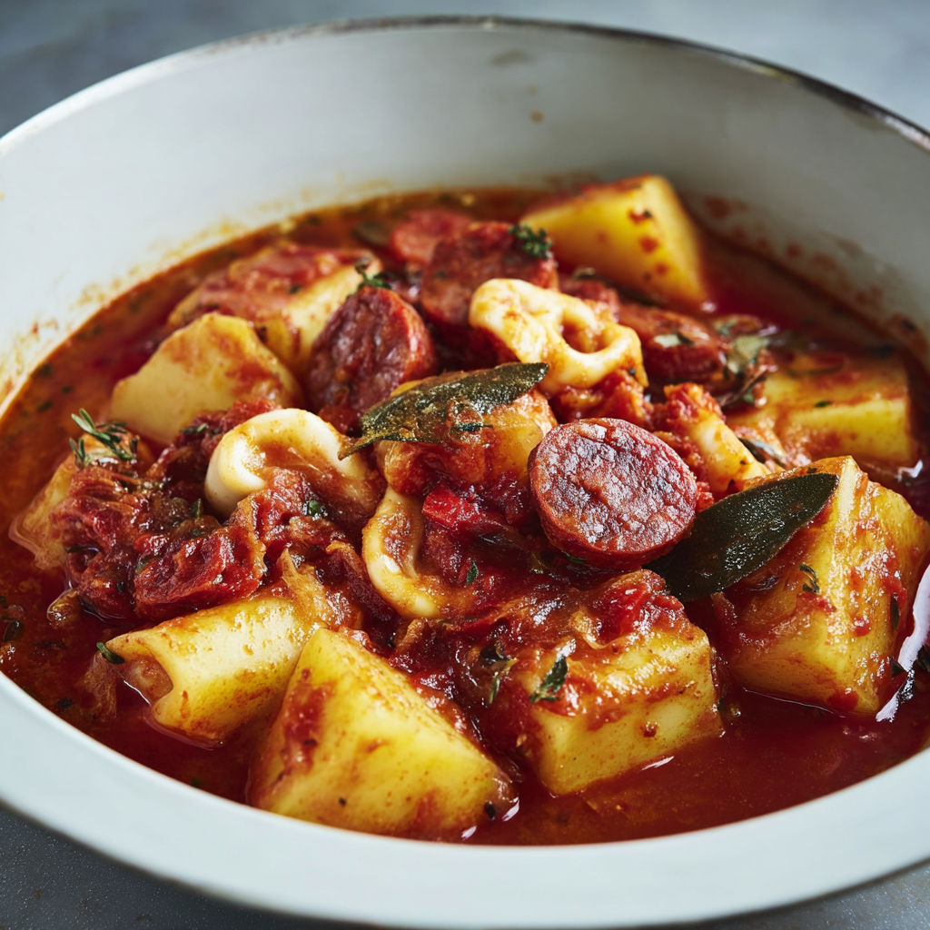 Calamars tendres mijotés au chorizo dans une sauce à la tomate parfumée.