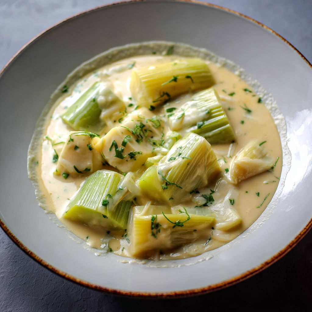 Mijoté ultra fondant de poireaux au poiré et crème onctueuse.