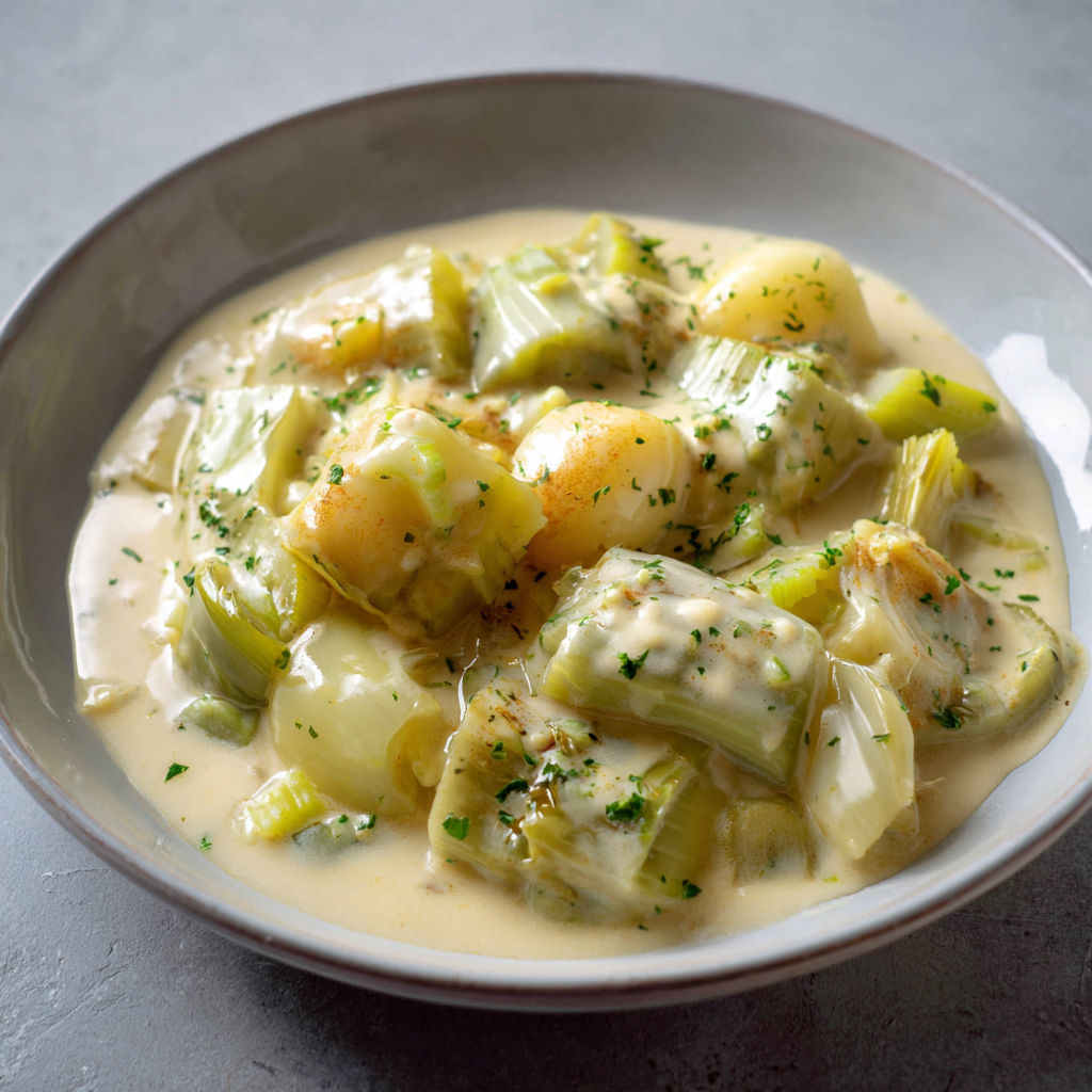 Assiette crémeuse de poireaux au poiré artisanal et crème douce.