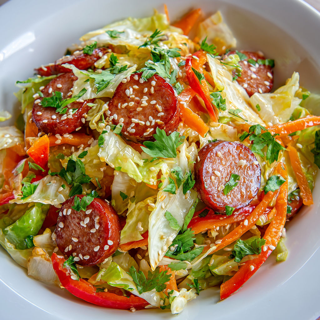 Un bol blanc rempli de chou chinois et saucisses Montbéliard, prêt à être dégusté.