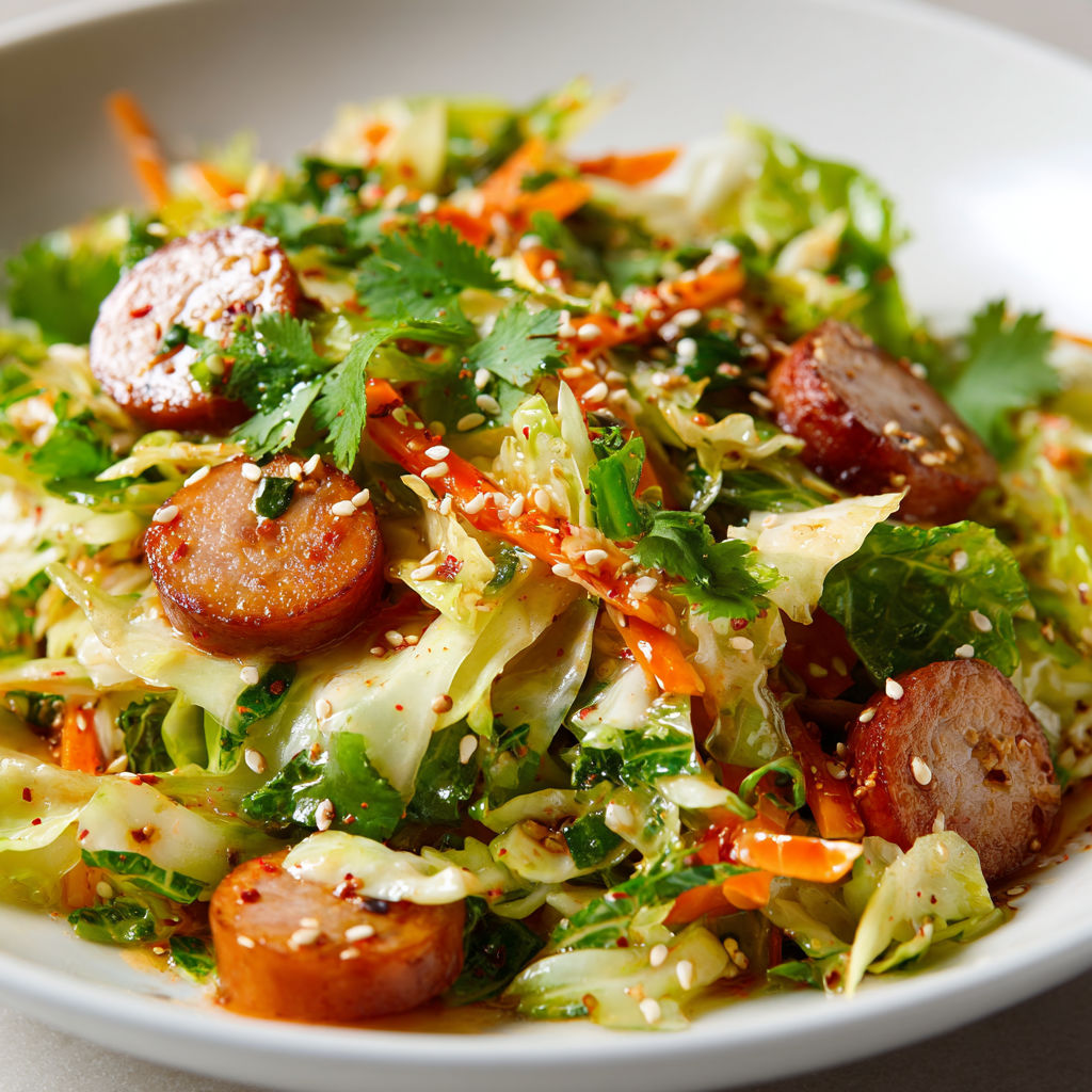 Chou chinois croustillant et saucisses de Montbéliard chaudes, en salade.