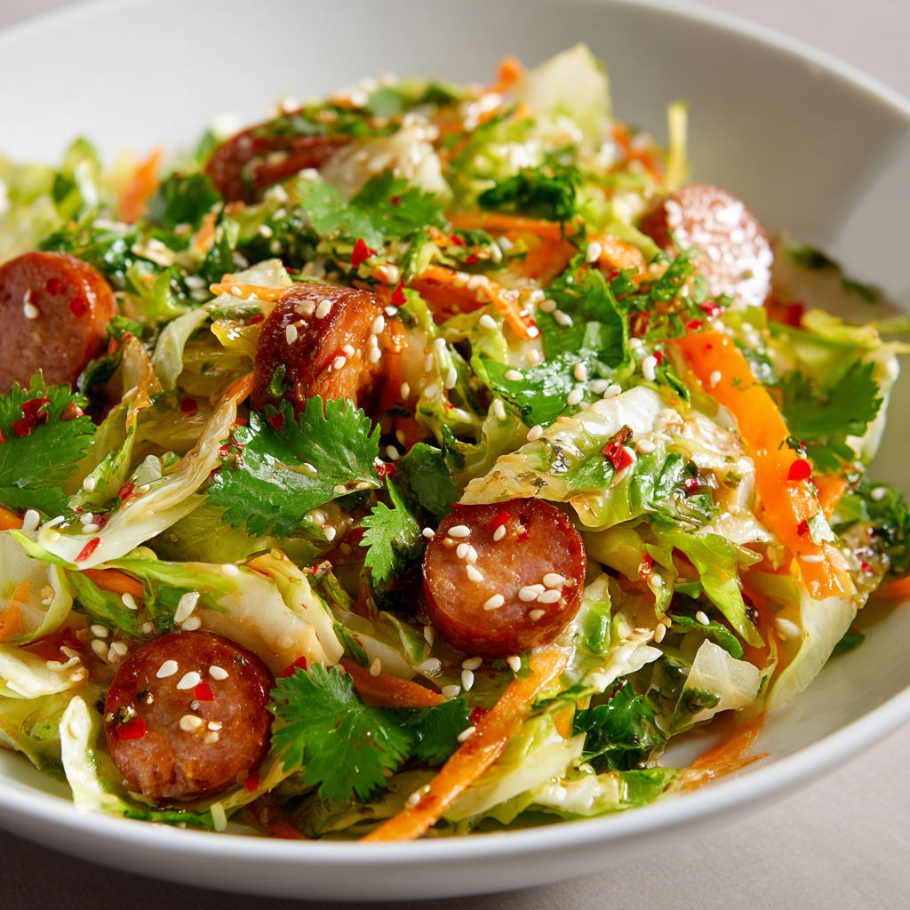 Chou et carottes en salade, avec saucisses de Montbéliard façon fraîche et asiatique.