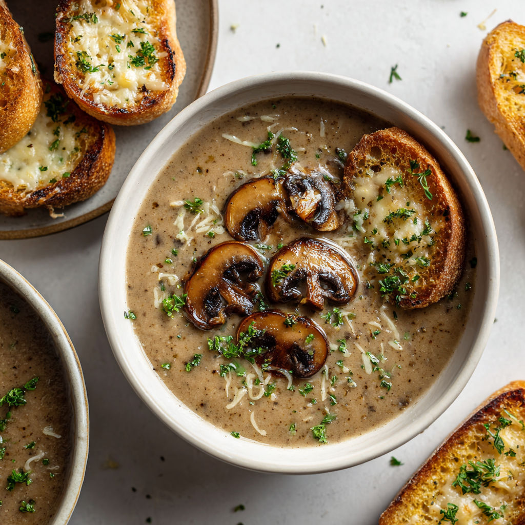 Un bol de soupe de champignons crémeuse et du pain gratiné à l'ail, ultra réconfortant.