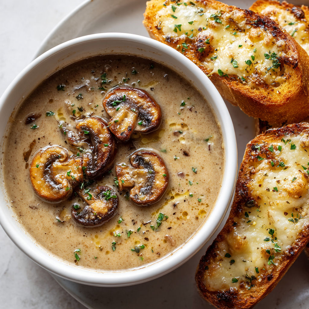 Une soupe de champignons bien crémeuse et du pain gratiné à l’ail, duo cosy pour l’hiver.