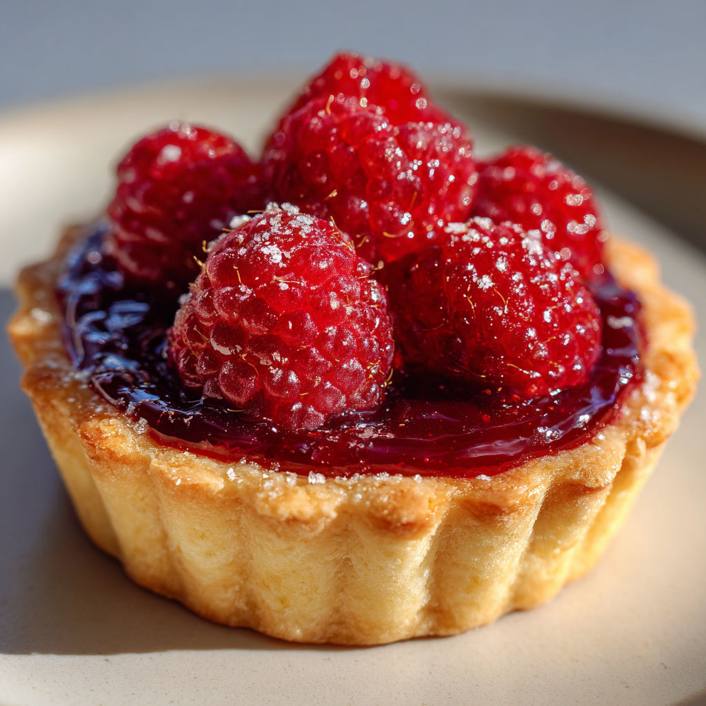 Une petite tarte aux fraises en rond, garnie de fraises rouges et noires sur le dessus.