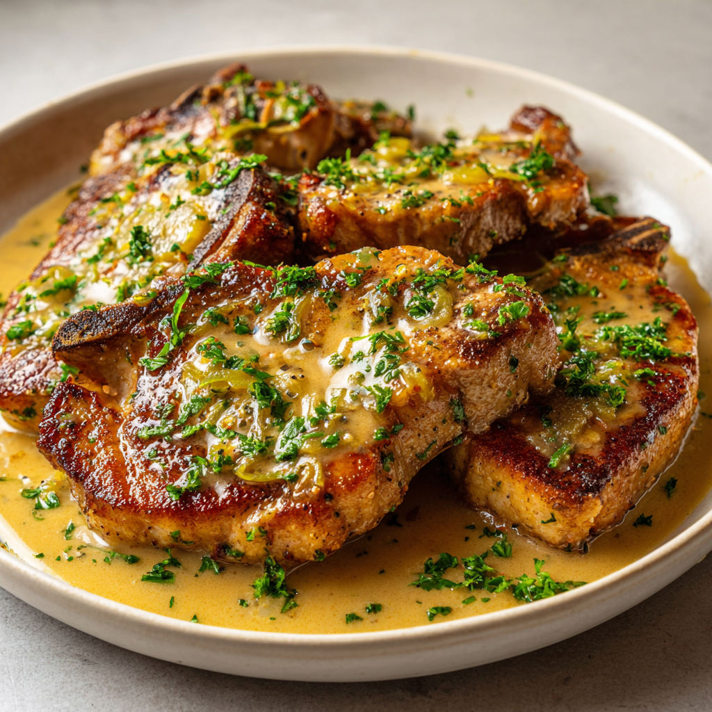 Plat de côtes de porc avec une sauce charcutière onctueuse.