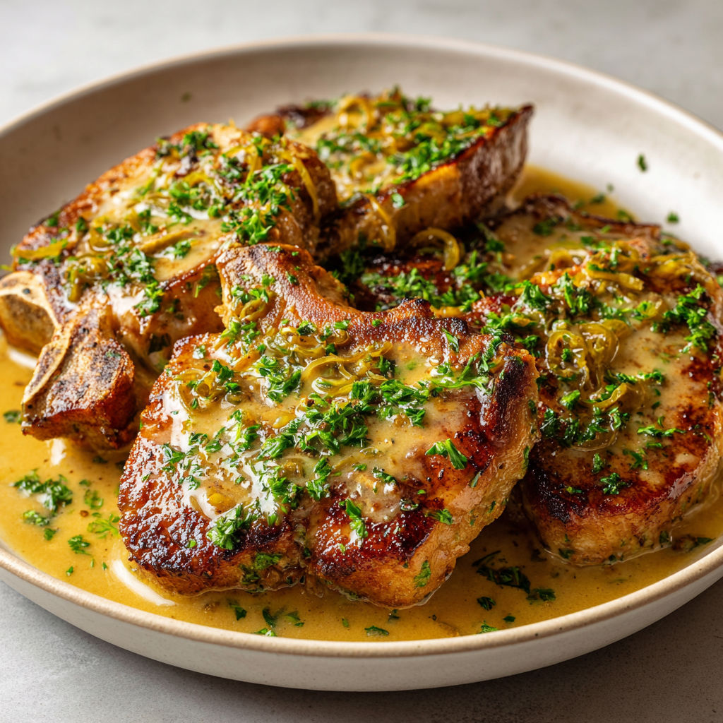Assiette de côtes de porc nappées d’une sauce charcutière parfumée aux herbes et aux épices, pleine de gourmandise.
