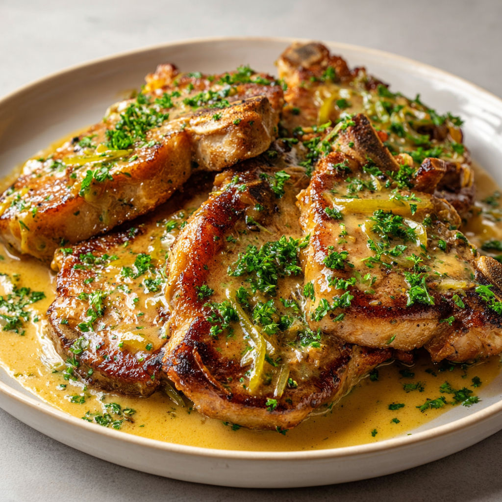 Assiette de côtes de porc à la sauce charcutière garnie d’herbes et de légumes, posée sur la table.