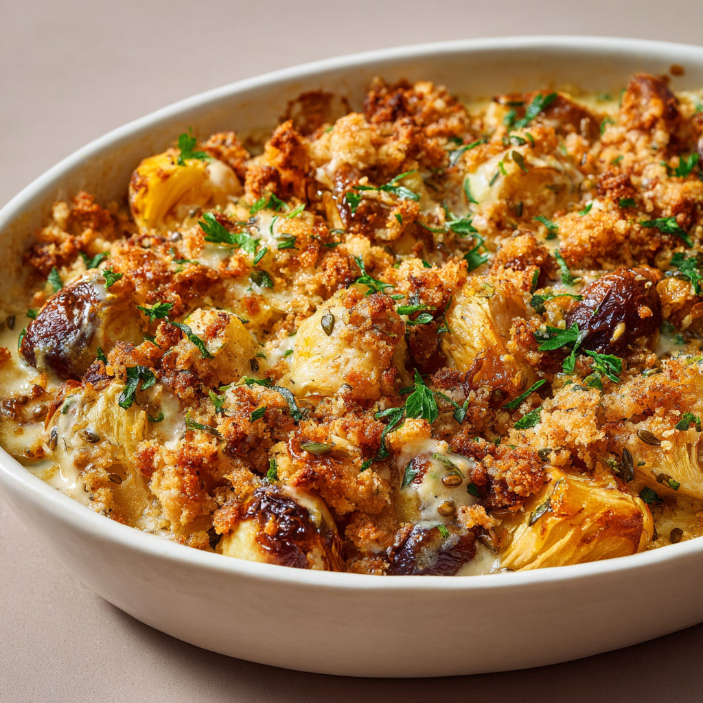 Un crumble doré aux légumes oubliés, accompagné de carottes et d'oignons dans un bol blanc.