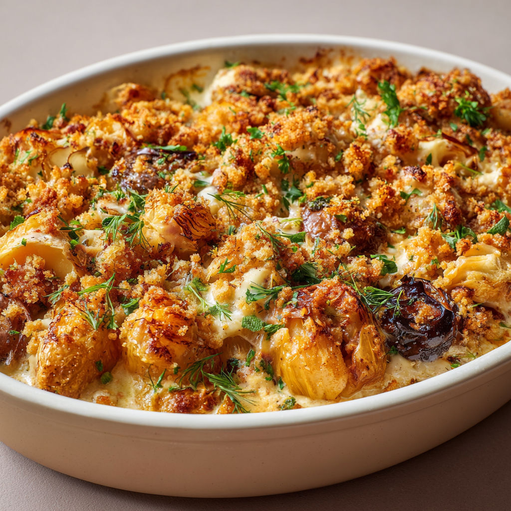 Légumes racines dorés sous une croûte aux herbes, dans un bol en terre cuite.