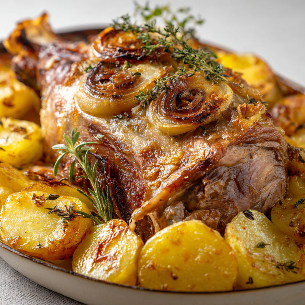 Plat d’agneau rôti avec pommes de terre fondantes.