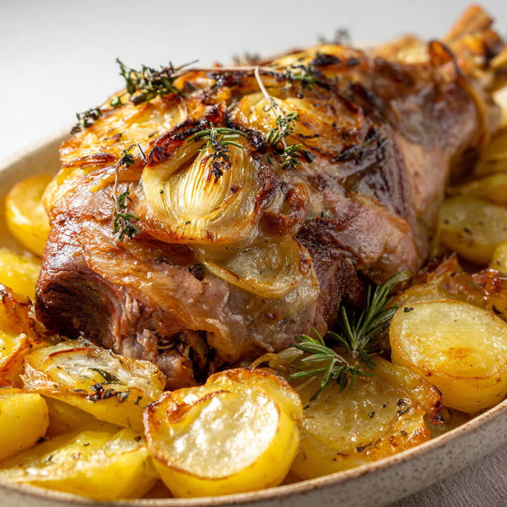 Gigot d'agneau et pommes de terre dorées dans un plat.