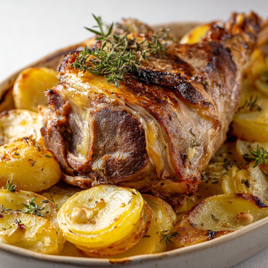 Gigot d'agneau et pommes de terre dorées dans un plat.