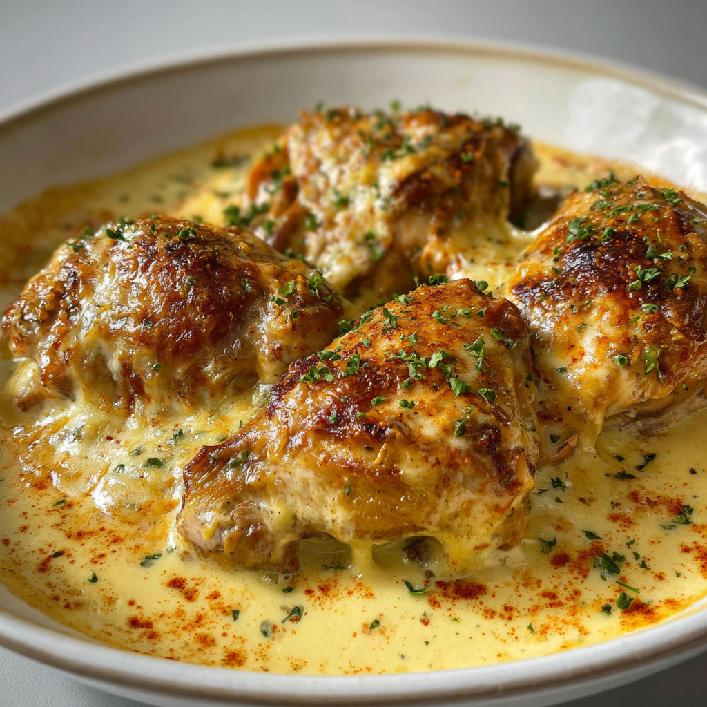 Plat raffiné: poulet Gaston Gérard avec comté fondant et sauce crémeuse à la moutarde.