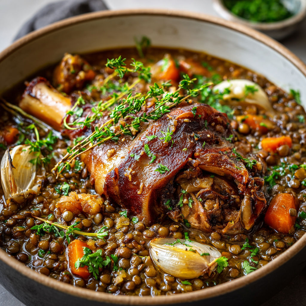 Un bol garni de porc tendre mijoté avec lentilles, légumes et herbes parfumées.