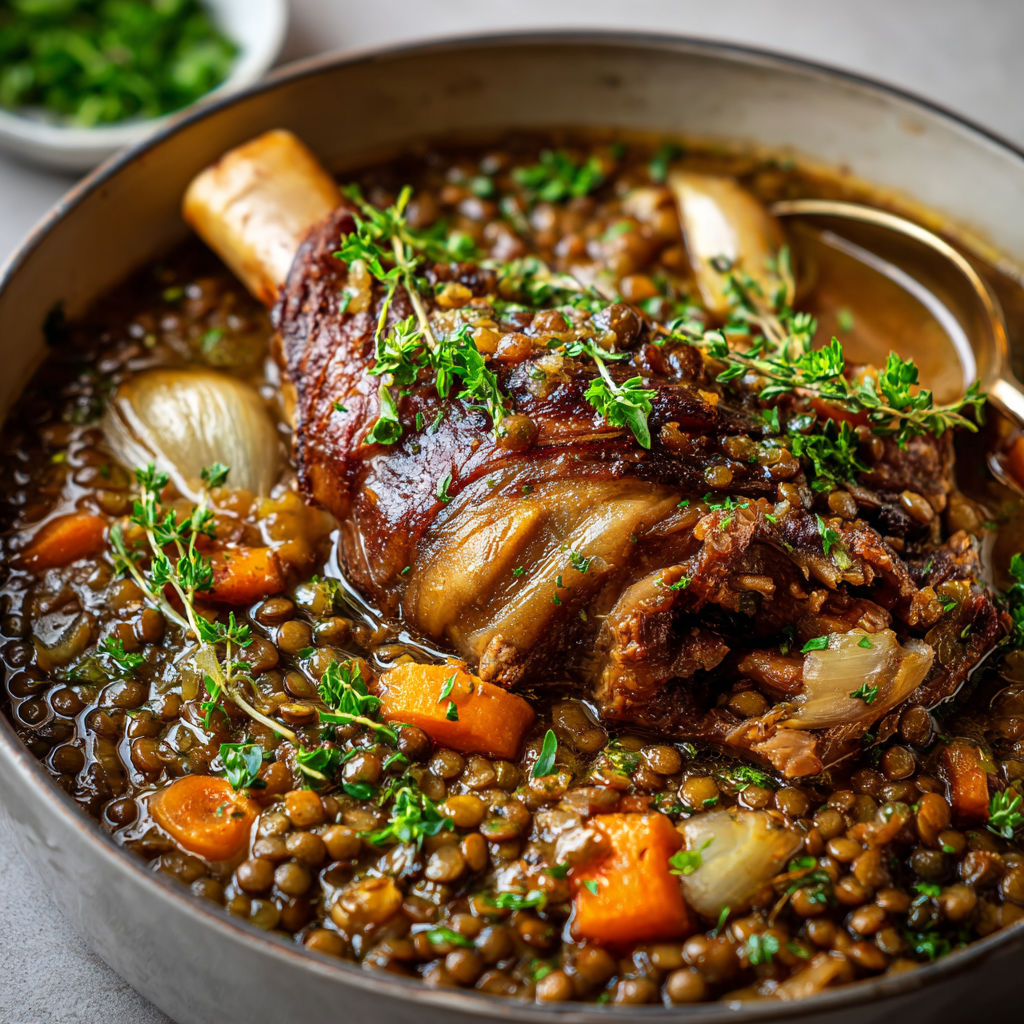 Jarret de porc extra tendre et lentilles mijotées aux herbes fraîches.