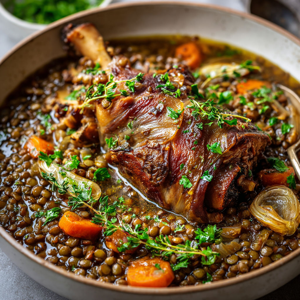 Jarret de porc à l’ancienne avec lentilles parfumées et des légumes.
