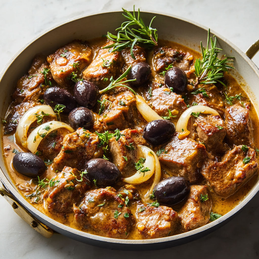 Un délicieux plat de veau mijoté aux olives et herbes fraîches, prêt à être dégusté.