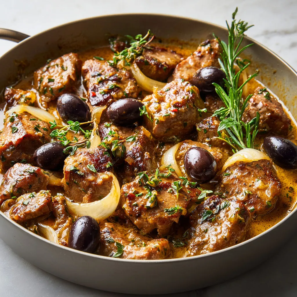 Un délicieux sauté de veau aux olives, tendre et parfumé.