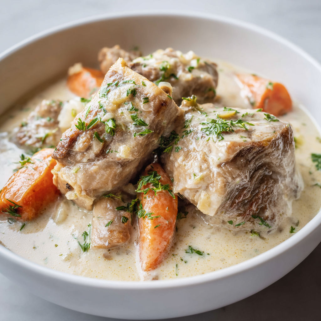Blanquette de veau cuite longuement avec os et légumes fondants.