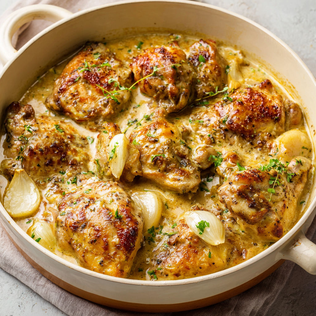 Un plat de lapin accompagné d'une sauce crémeuse à la moutarde et d'herbes fraîches, prêt à être servi.