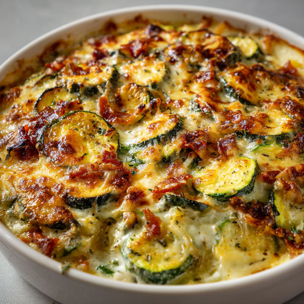 Un gratin aux lardons et courgettes servi dans un plat raffiné.