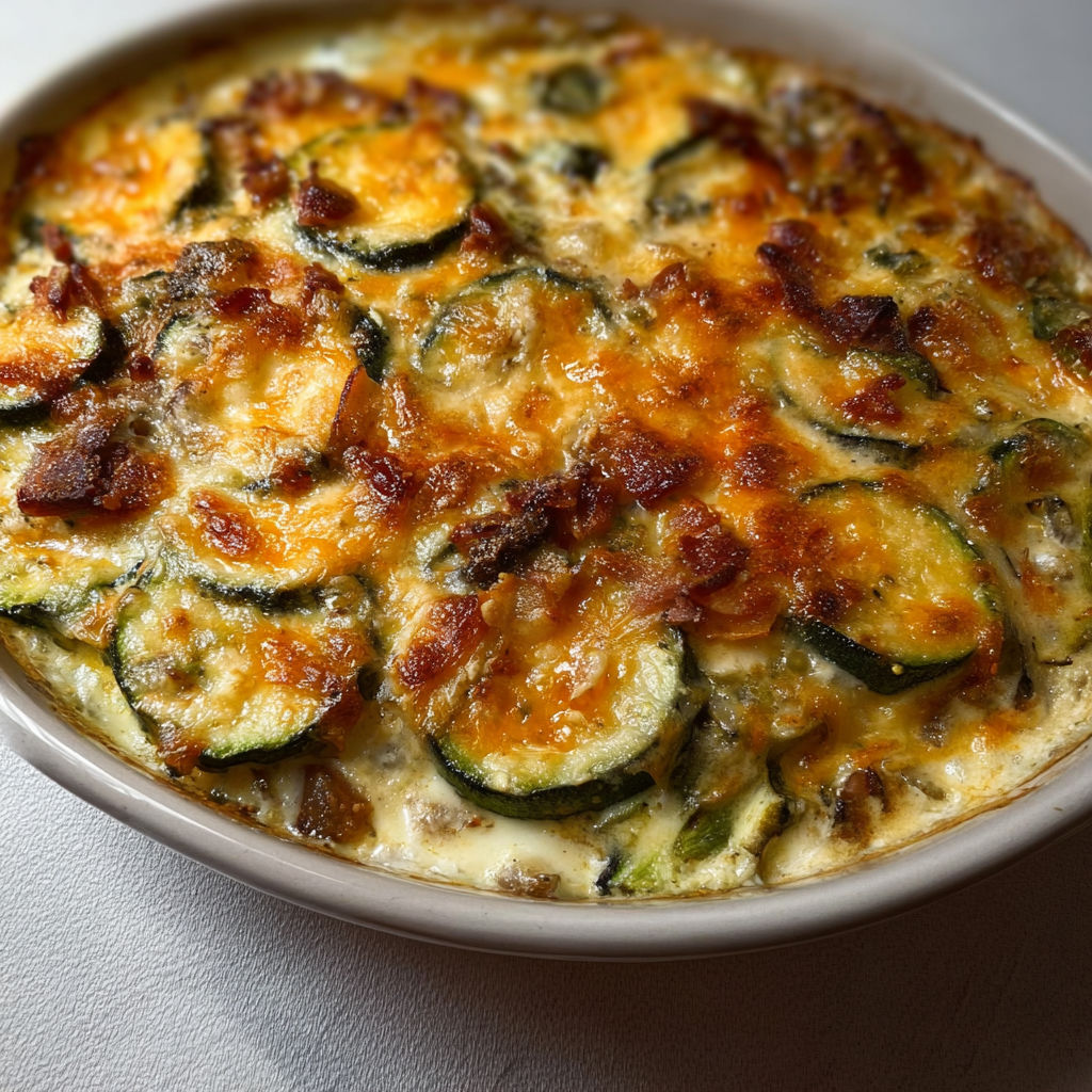 Gratin de courgettes aux lardons, prêt à servir en bol.