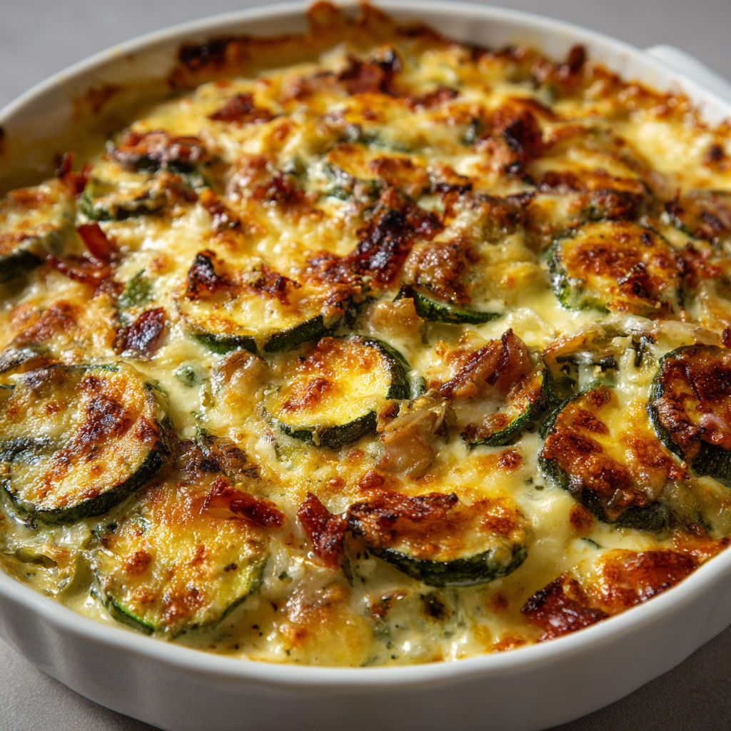 Gratin de courgettes aux lardons, prêt à servir en bol.