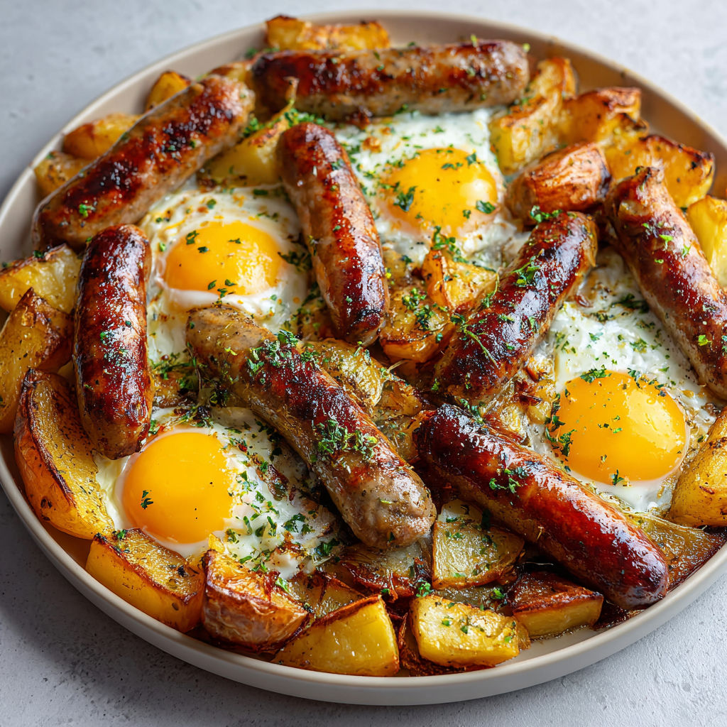 Plat de saucisses rôties au four avec pommes de terre, œufs&nbsp;: un grand classique savoureux.