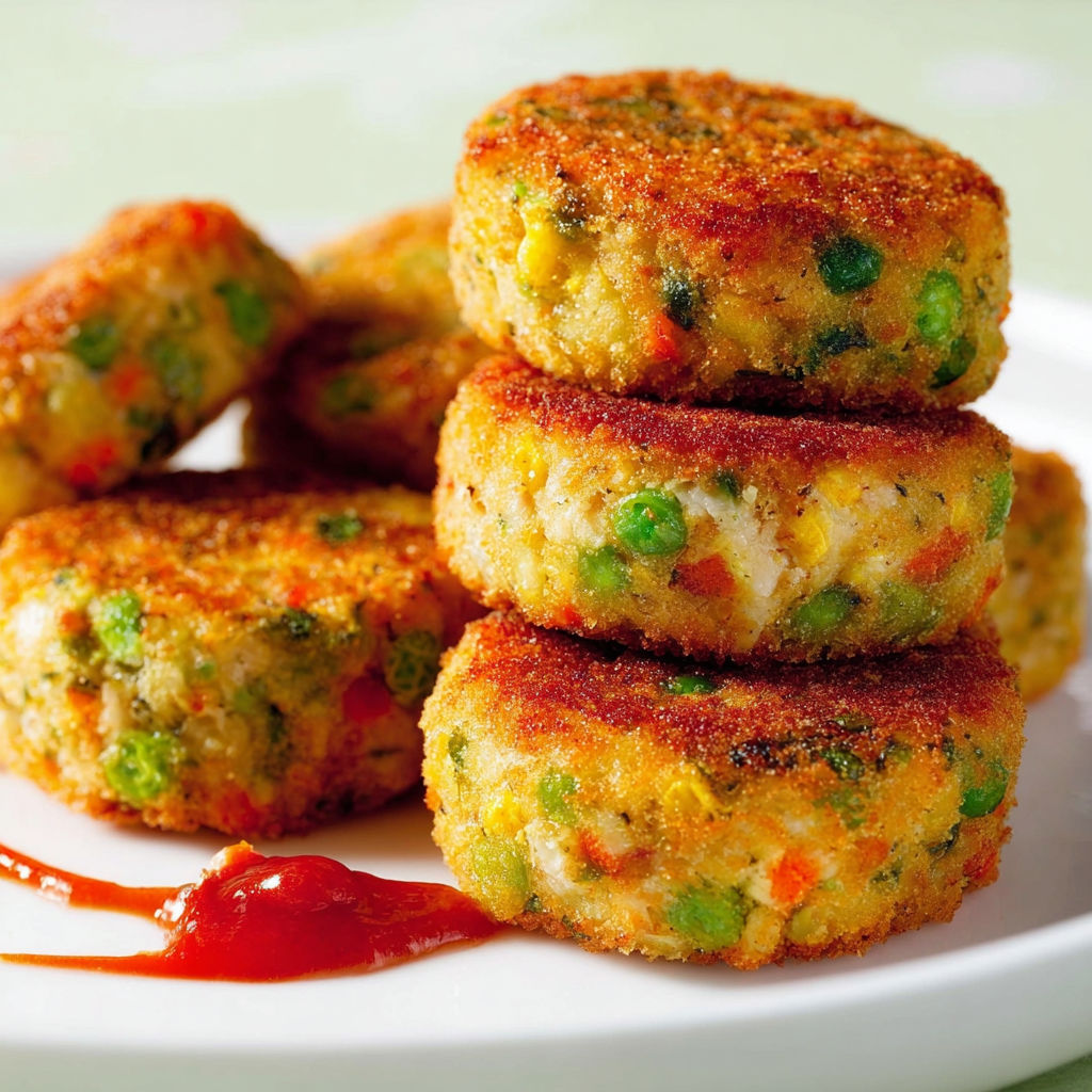 Assortiment de croquettes croustillantes au poulet et légumes, accompagné de sauce tomate.
