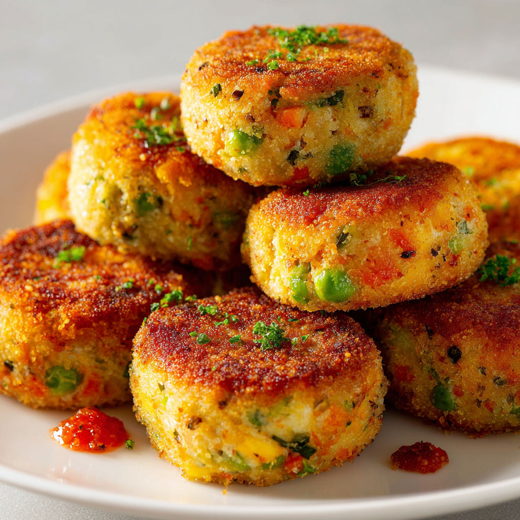Une belle pile de croquettes poulet légumes posée sur un plat.