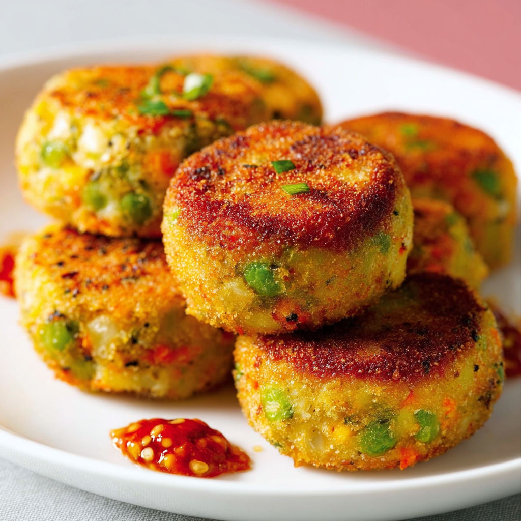 Assiette de croquettes fondantes poulet légumes, sauce tomate et herbes fraîches.