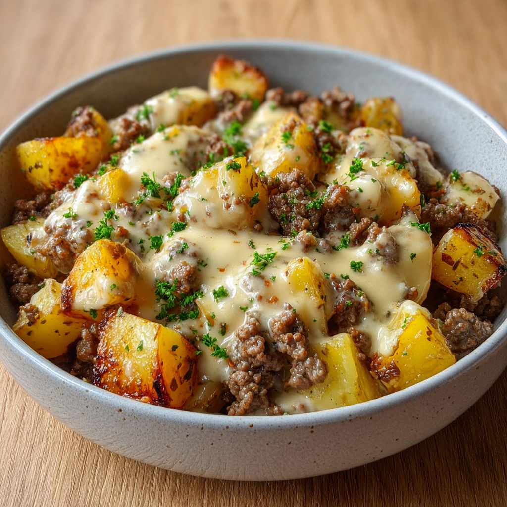 Poêlée hyper gourmande de viande et pommes de terre bien fondantes au fromage.