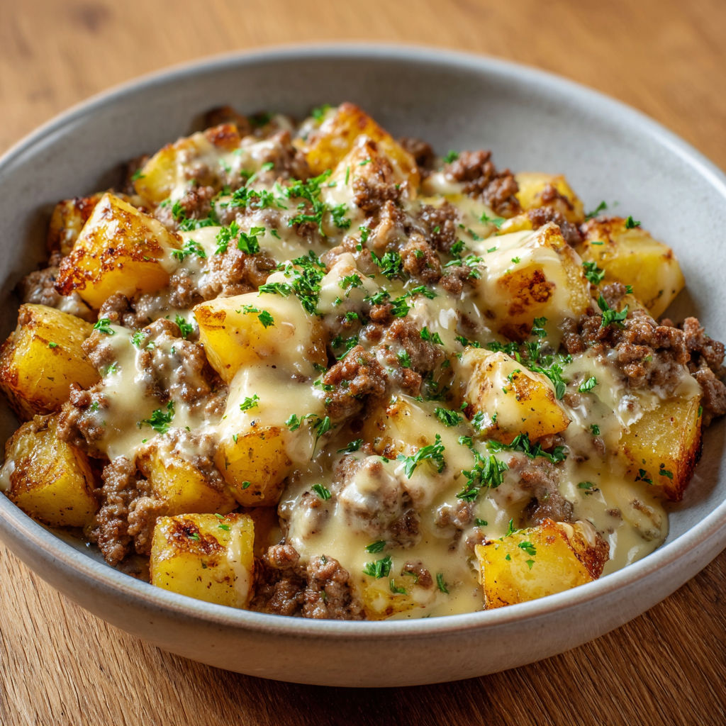 Poêlée crémeuse à la viande hachée et pommes de terre bien fondantes.